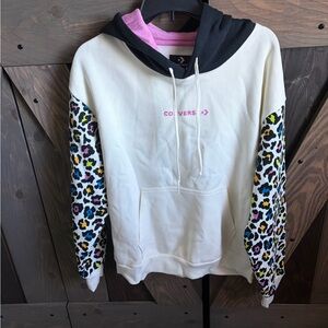 Converse Women's Cream Hoodie with Rainbow Leopard Print Sleeves XXL